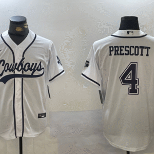 Men's Dallas Cowboys #4 Dak Prescott White With Navy Name Cool Base Stitched Baseball Jersey