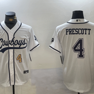 Men's Dallas Cowboys #4 Dak Prescott White With Navy Name Cool Base Stitched Baseball Jerseys