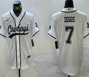 Men's Dallas Cowboys #7 Trevon Diggs White With Navy Name Cool Base Stitched Baseball Jersey