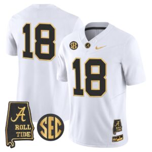 Crimson Jersey 18 Alabama Crimson Tide 2025 Gold Vapor Stitched White Gold
