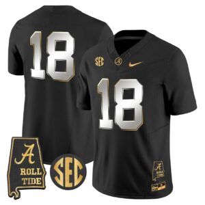 Crimson Jersey 18 Alabama Crimson Tide 2025 Gold Vapor Stitched Black Limited