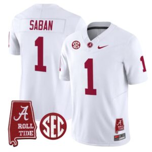 Nick Saban Jersey 1 Alabama Crimson Tide Throwback Map Stitched White