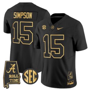Ty Simpson Jersey 15 Alabama Crimson Tide 2025 Gold Vapor Stitched Black Gold