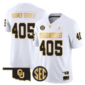 Boomer Sooner Jersey 405 Oklahoma Sooners 2025 Gold Stitched White Gold