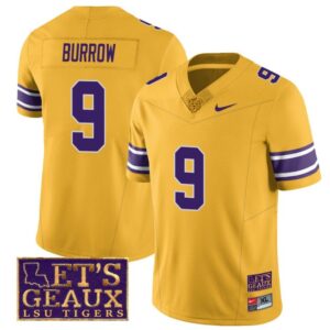 Lsu Tigers Joe Burrow Jersey #9 College Football Let's Geaux Patch Stitched Yellow