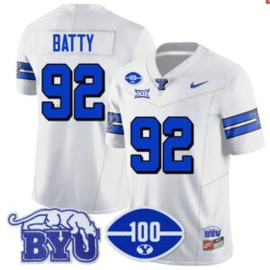 Tyler Batty  #92 BYU 100th Season 2024 Uniform Vapor Patch College   White