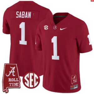 Nick Saban Jersey #1 Alabama Crimson Throwback Alabama Map Stitched Crimson