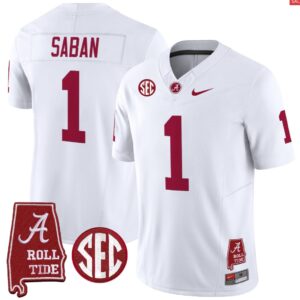 Nick Saban Jersey #1 Alabama Crimson Throwback Alabama Map Stitched White