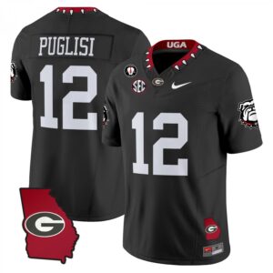 Ryan Puglisi Jersey #12 Georgia Bulldogs 2025 Georgia Map, Vince Dooley Stitched Black