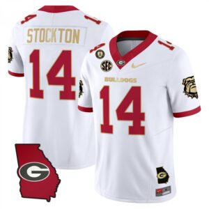 Gunner Stockton Jersey #14 Georgia Bulldogs 2025 Georgia Map, Vince Dooley Stitched White Gold Trim