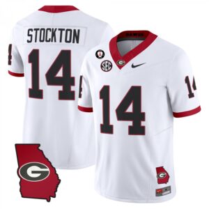 Gunner Stockton Jersey #14 Georgia Bulldogs 2025 Georgia Map, Vince Dooley Stitched White