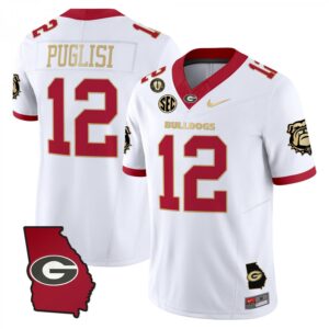 Ryan Puglisi Jersey #12 Georgia Bulldogs 2025 Georgia Map, Vince Dooley Stitched White Gold Trim