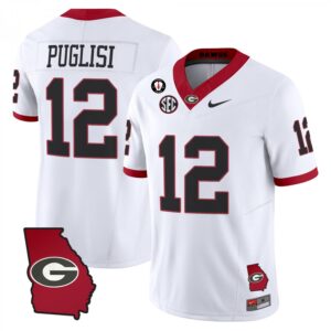 Ryan Puglisi Jersey #12 Georgia Bulldogs 2025 Georgia Map, Vince Dooley Stitched White