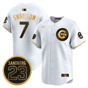 Dansby Swanson Jersey #7 Chicago Cubs Ryne Sandberg Tribute Stitched White Gold