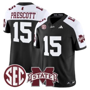 Dak Prescott Jersey #15 Mississippi State Bulldogs Dark Mode Stitched Black Alter