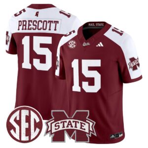 Dak Prescott Jersey #15 Mississippi State Bulldogs Dark Mode Stitched Maroon Alter