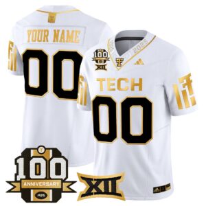 Custom Texas Tech Red Raiders Jersey 2025 100th Anniversary Stitched White Gold
