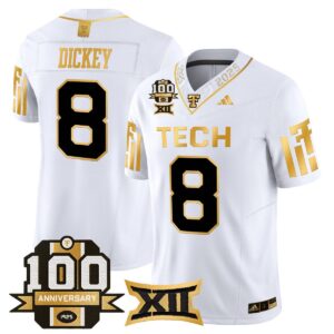 Cameron Dickey Jersey #8 Texas Tech 2025 100th Anniversary Stitched White Gold