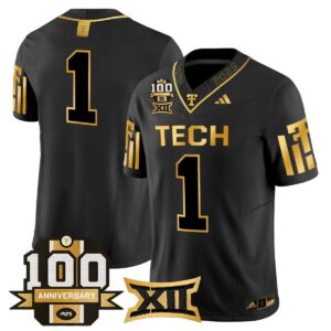 Team Jersey #1 Texas Tech 2025 100th Anniversary Patch Stitched Black Gold