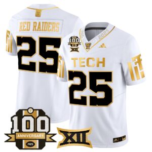 Red Raiders Jersey #25 Texas Tech 2025 100th Anniversary Stitched White Gold