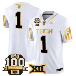 Team Jersey #1 Texas Tech 2025 100th Anniversary Patch Stitched White Gold