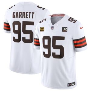 Browns #95 Myles Garrett White 2023 F.U.S.E. With C Patch & Jim Brown Memorial Patch