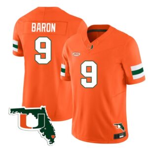 Tyler Baron  #9 Miami Hurricanes Florida Map College  Stitched Orange