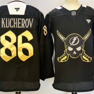 Men's Tampa Bay Lightning #86 Nikita Kucherov 2024-25 Black Gasparilla Inspired Pirate-Themed Warmup Stitched Jersey