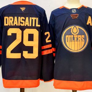 Men's Edmonton Oilers #29 Leon Draisaitl Navy 2024-25 A Patch Stitched Jersey