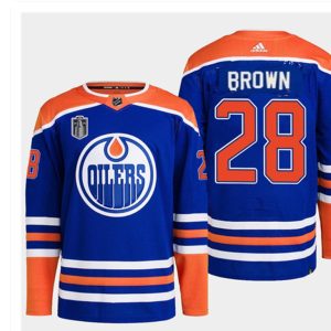 Men's Edmonton Oilers #28 Connor Brown Royal 2024 Stanley Cup Final Patch Stitched Jersey