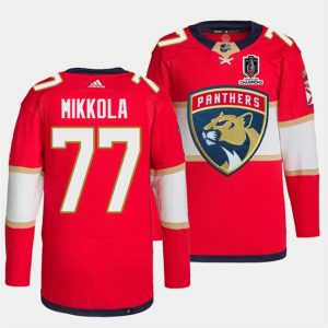 Men's Florida Panthers #77 Niko Mikkola Red Home 2024 Stanley Cup Champions Stitched Jersey