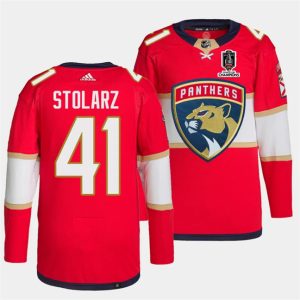 Men's Florida Panthers #41 Anthony Stolarz Red Home 2024 Stanley Cup Champions Stitched Jersey