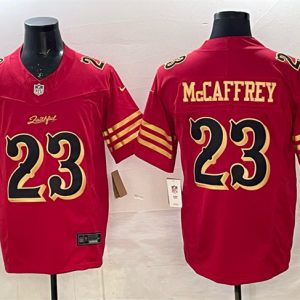 Men's San Francisco 49ers #23 Christian McCaffrey Red Gold 2025 F.U.S.E. ?Rivalries? Vapor Limited Football Stitched Jersey