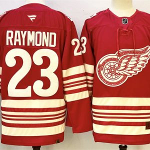 Men's Detroit Red Wings #23 Lucas Raymond Red 2025-26 Centennial Premium Stitched Hockey Jersey