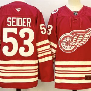 Men's Detroit Red Wings #53 Moritz Seider Red 2025-26 Centennial Premium Stitched Hockey Jersey