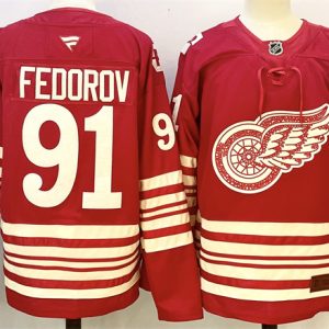 Men's Detroit Red Wings #91 Sergei Fedorov Red 2025-26 Centennial Premium Stitched Hockey Jersey