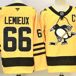 Men's Pittsburgh Penguins #66 Mario Lemieux Gold 2025-26 With C Patch Alternate Stitched Hockey Jersey