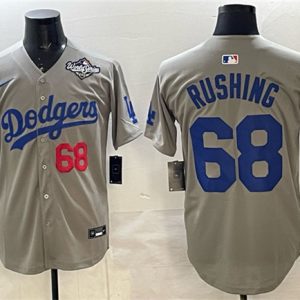 Men's Los Angeles Dodgers #68 Dalton Rushing Gray 2025 World Series Patch Limited Stitched Baseball Jersey