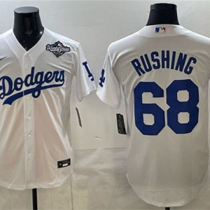 Men's Los Angeles Dodgers #68 Dalton Rushing White 2025 World Series Patch Cool Base Stitched Baseball Jersey