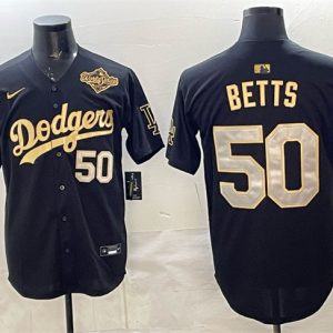 Men's Los Angeles Dodgers #50 Mookie Betts Black Gold 2025 World Series Patch Limited Stitched Baseball Jersey