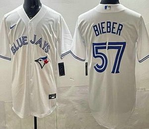 Men's Toronto Blue Jays #57 Shane Bieber White Cool Base Jersey