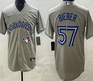 Men's Toronto Blue Jays #57 Shane Bieber Gray Cool Base Jersey