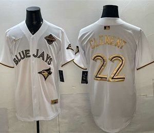 Men's Toronto Blue Jays #22 Ernie Clement White Gold 2025 American League Champions Limited Stitched Jersey