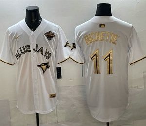 Men's Toronto Blue Jays #11 Bo Bichette White Gold 2025 American League Champions Limited Stitched Jersey
