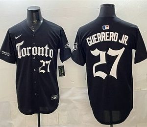 Men's Toronto Blue Jays #27 Vladimir Guerrero Jr Black Gothic North Edition Limited Stitched Baseball Jersey