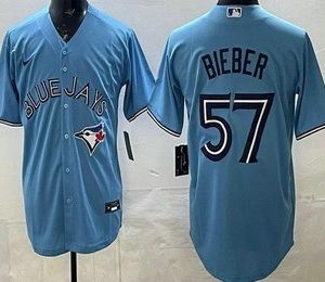 Men's Toronto Blue Jays #57 Shane Bieber Light Blue Cool Base Jersey
