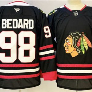 Men's Chicago Blackhawks #98 Connor Bedard Black With A Patch Stitched Hockey Jersey