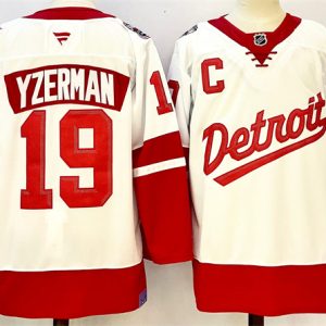 Men's Detroit Red Wings #19 Steve Yzerman White Red 2024-25 With C Patch Stitched Jersey
