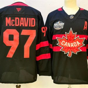 Men's Canada #97 Connor McDavid Black 2025 4 Nations Face-Off Premium With A Patch Stitched Jersey