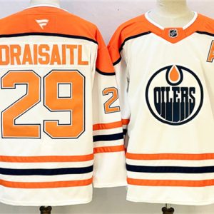 Men's Edmonton Oilers #29 Leon Draisaitl White Orange 2024-25 With A Patch Stitched Jersey